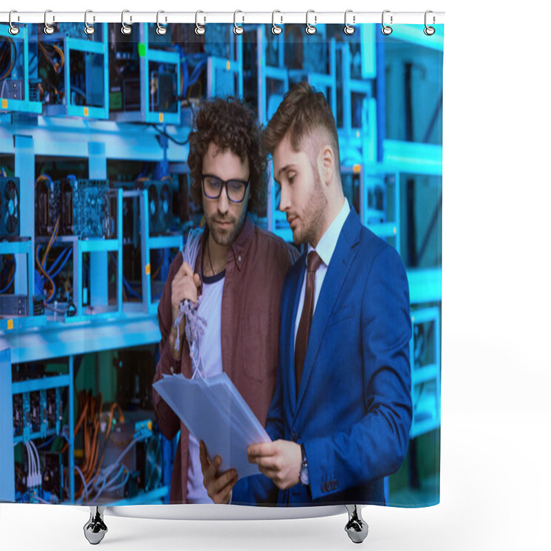 Personality  Businessman And Computer Engineer Working With Documents Together At Cryptocurrency Mining Farm Shower Curtains