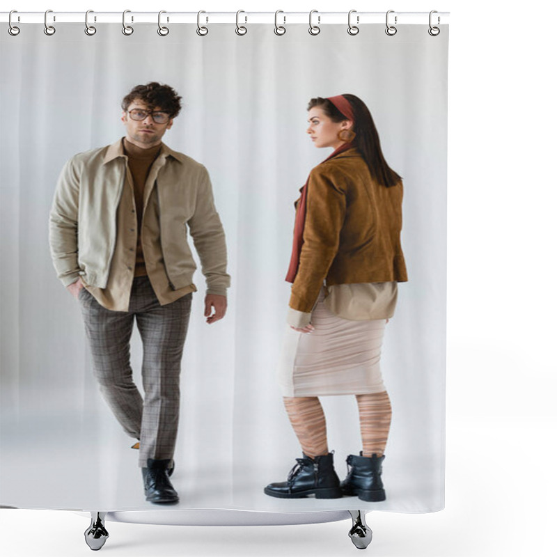 Personality  Full Length View Of Trendy Couple Posing On Grey While Man Looking At Camera On Grey Shower Curtains