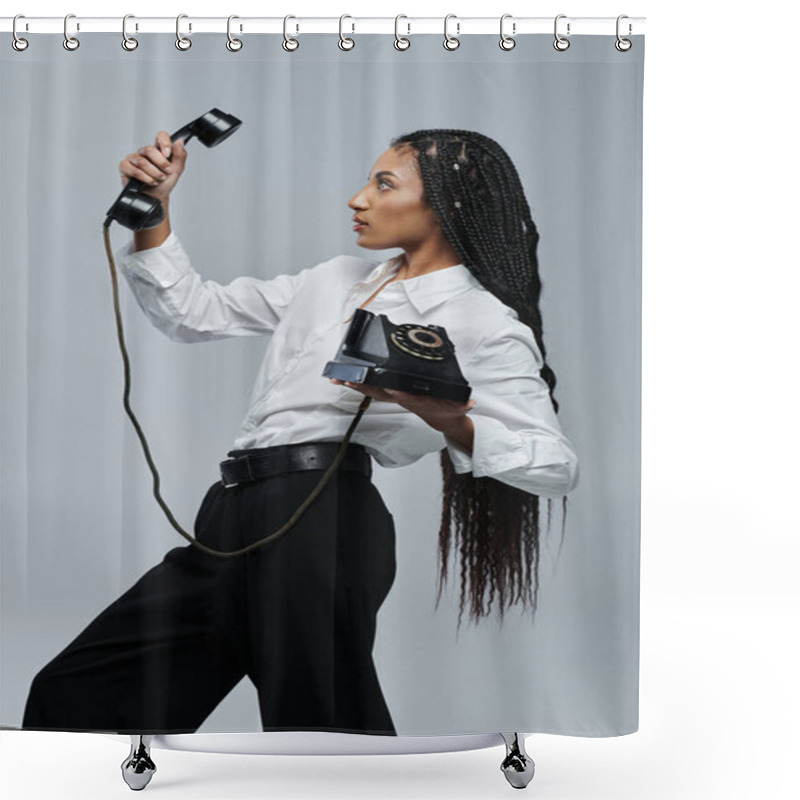 Personality  A Young African American Woman With Braids, Wearing A White Shirt And Black Pants, Holds A Vintage Rotary Phone While Looking Up. Shower Curtains