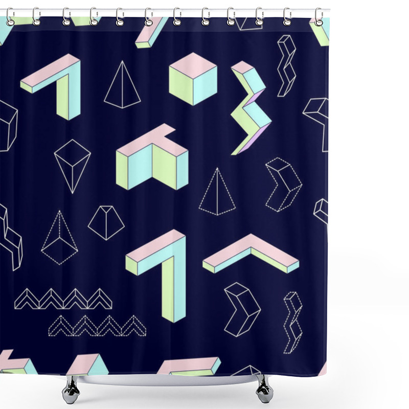 Personality  Geometric Shapes. Abstract Seamless Vector Pattern With Isometric Elements. Shower Curtains