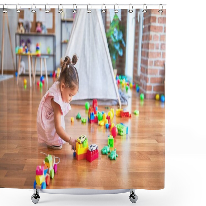 Personality  Young Beautiful Toddler Sitting On The Floor Playing With Small Cars Toys At Kindergaten Shower Curtains