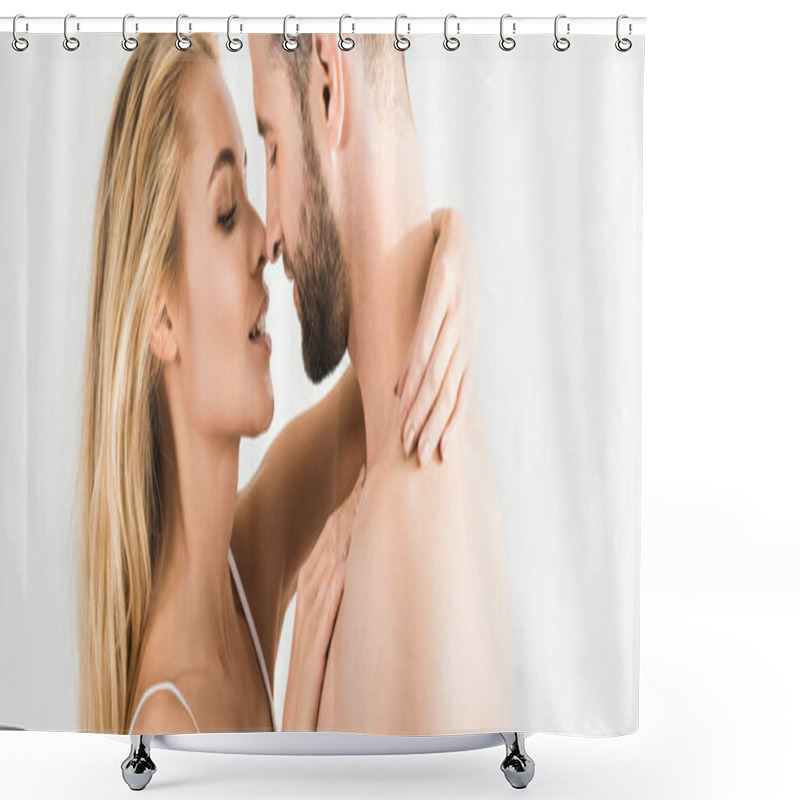 Personality  Panoramic Shot Of Romantic Young Couple Hugging At Home In Morning Shower Curtains