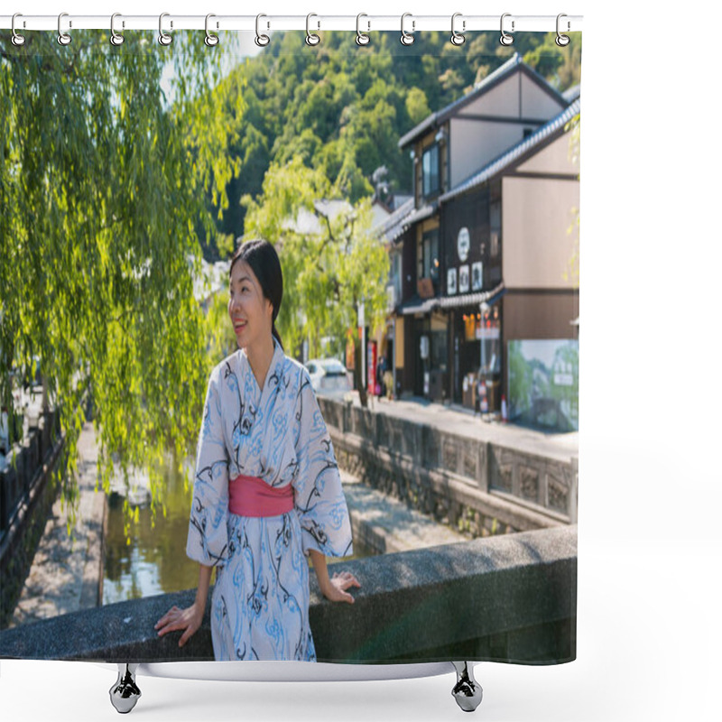 Personality  An Asian Young Woman Smiling And Wearing Yukata Shower Curtains