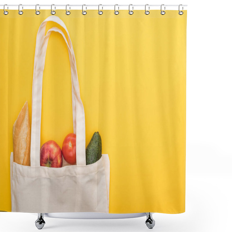 Personality  Top View Of Ripe Apples, Baguette And Avocado In Eco Friendly Bags Isolated On Yellow Shower Curtains