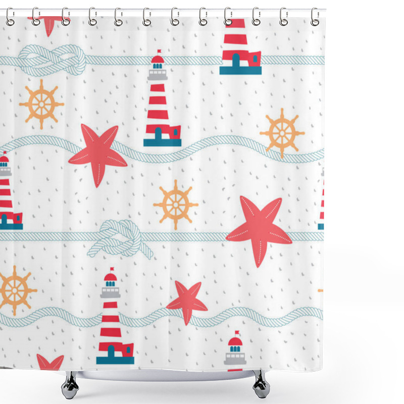 Personality  Maritime Seamless Repeat Pattern With Starfish, Rope And Lighthouse In Red, Turquoise And Yellow.Perfect For Wrapping, Textile And Design Projects, Vector Illustration. Shower Curtains