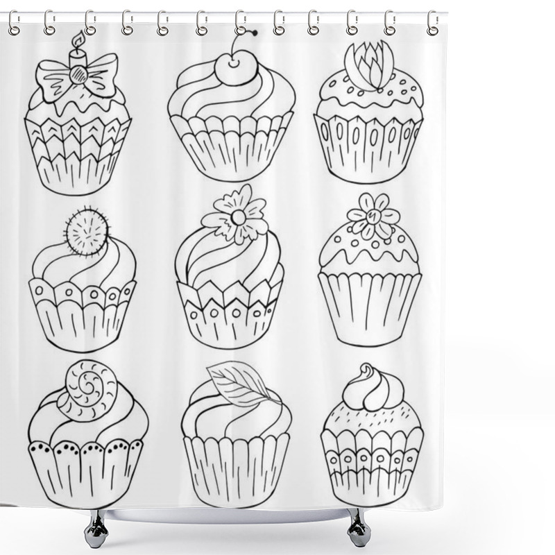 Personality  Set Of Icons Of Cupcakes, Muffins In Hand Draw Style. Collection Of Vector Illustrations For Your Design. Sweet Pastries, Muffins. Outline, Coloring Shower Curtains