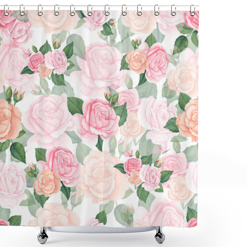 Personality  Watercolor Seamless Pattern With Pink Peach Pastel Roses And Leaves. Floral Illustration For Wrapping Paper, Textile, Print, Fabric. Shower Curtains