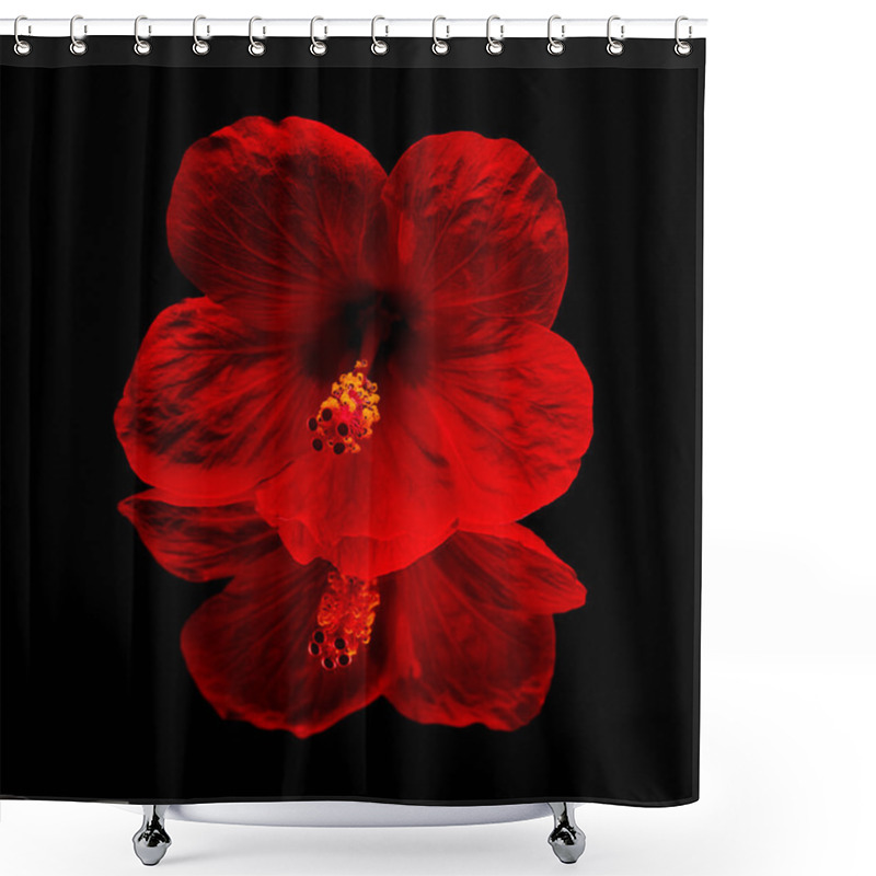 Personality  Red Hibiscus On Reflective Surface Isolated On Black Background Shower Curtains