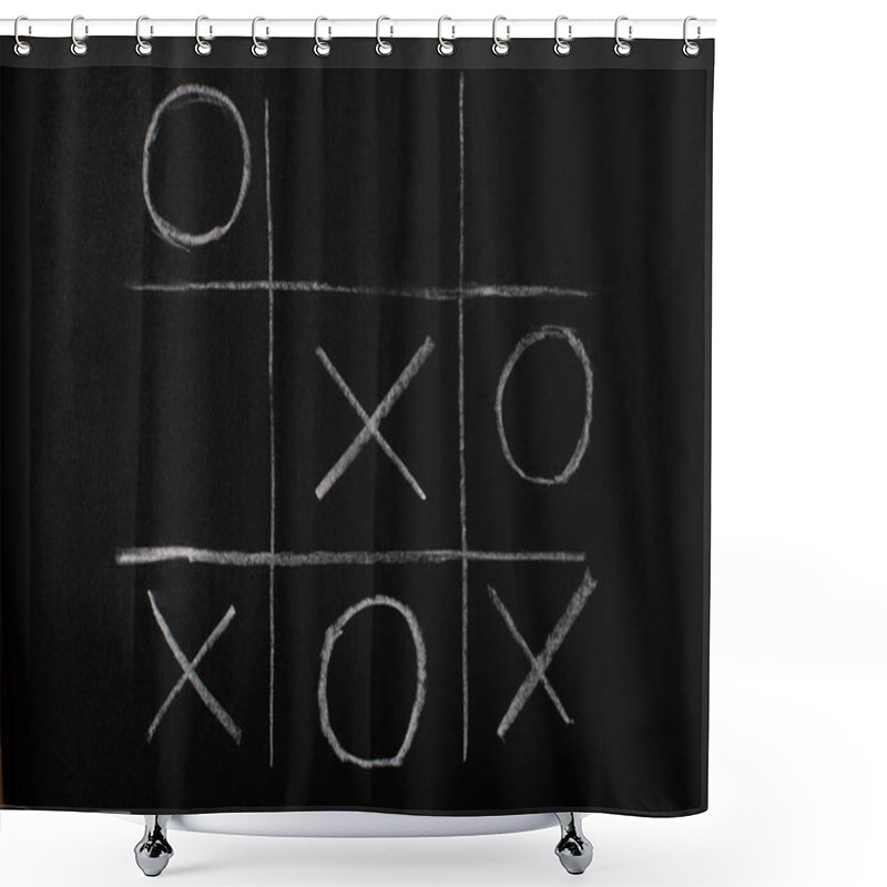 Personality  Top View Of Tic Tac Toe Game On Blackboard With Chalk Grid, Naughts And Crosses  Shower Curtains