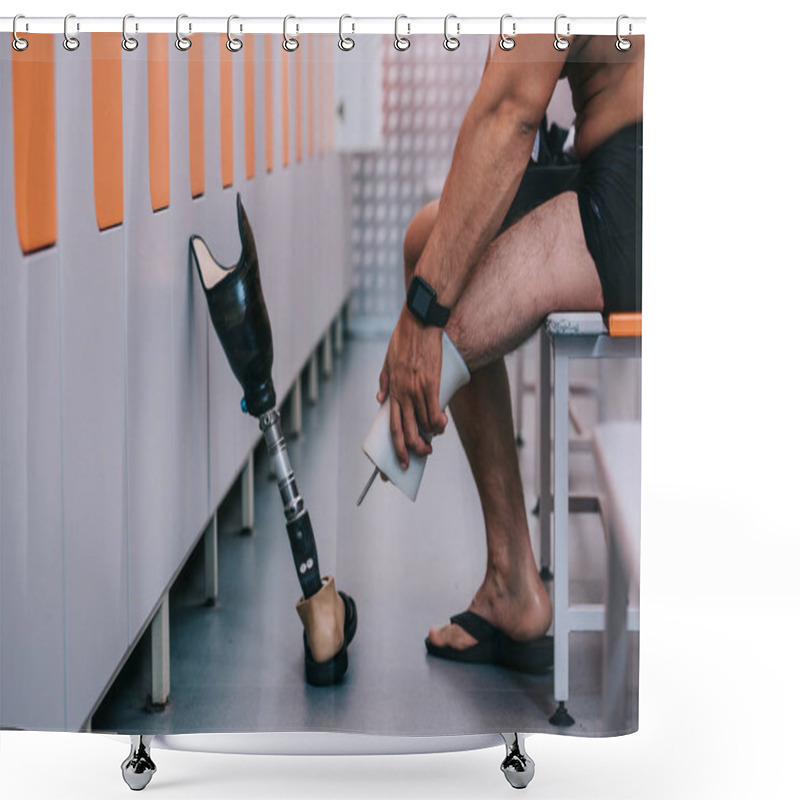 Personality  Cropped Shot Of Sportsman With Artificial Leg Sitting On Bench At Changing Room Of Swimming Pool Shower Curtains