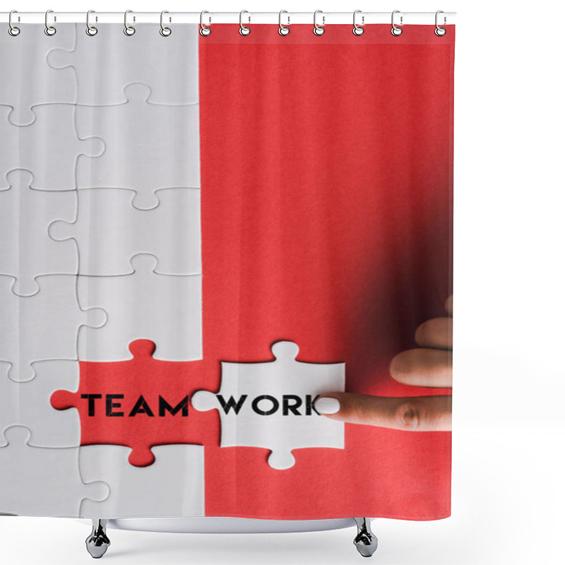 Personality  Top View Of Woman Pointing With Finger At Jigsaw Near Connected Puzzle Pieces With Teamwork Lettering On Red Shower Curtains