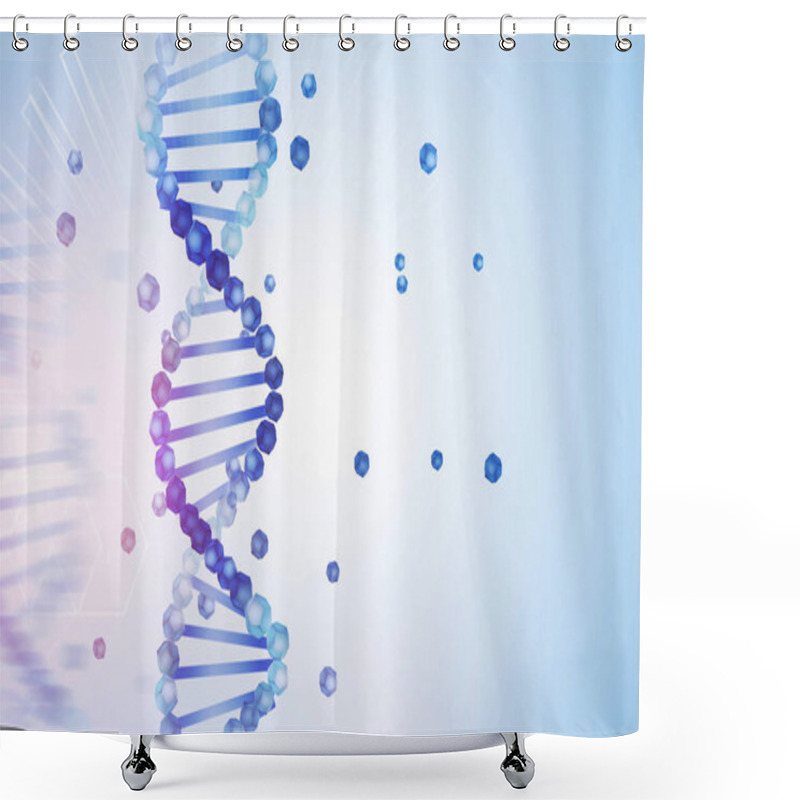 Personality  Blue Purple Vertical Dna Helix With Parts Of It Scattered Around Over Light Blue Background With Geometric Pattern. Biotech, Biology, Medicine And Science Concept. 3d Rendering Mock Up Shower Curtains