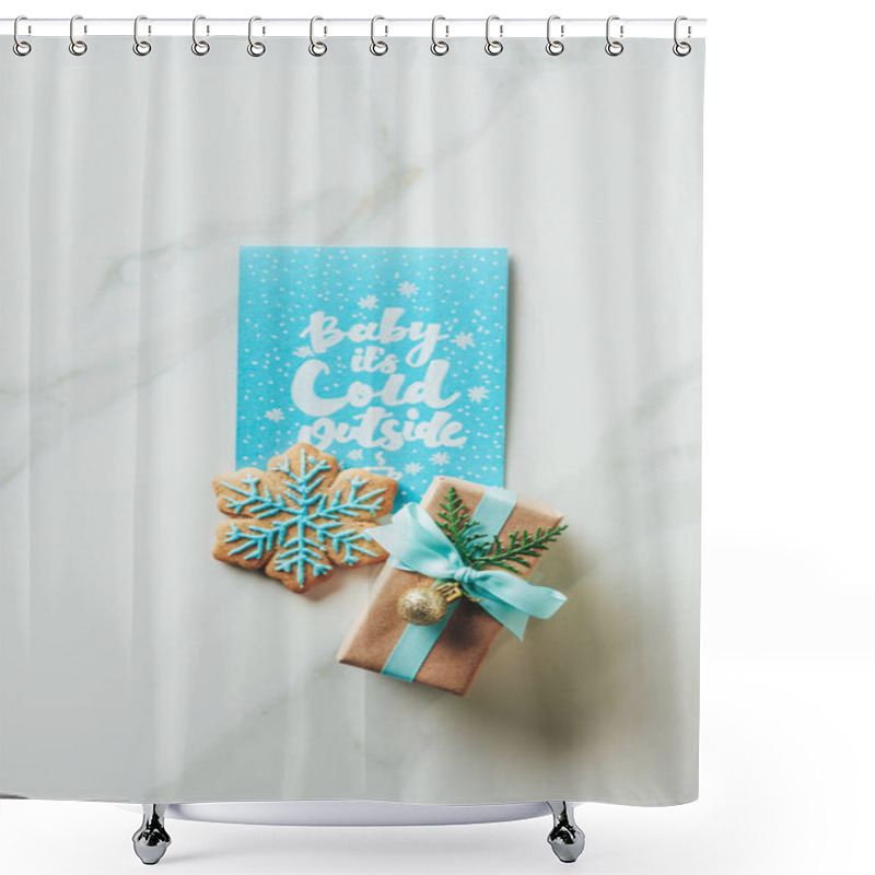 Personality  Top View Of Christmas Present, Snowflake Cookie And Greeting Card With 