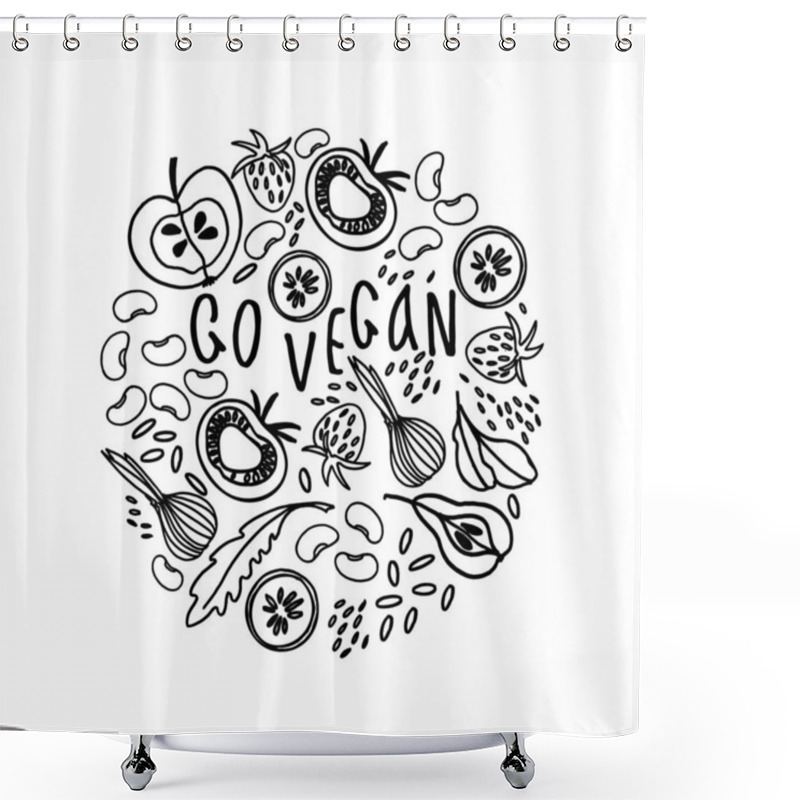 Personality  Circular Ornament With Fruit, Vegetables, Beans, Greens. Black And White Illustration For Coloring Book Shower Curtains