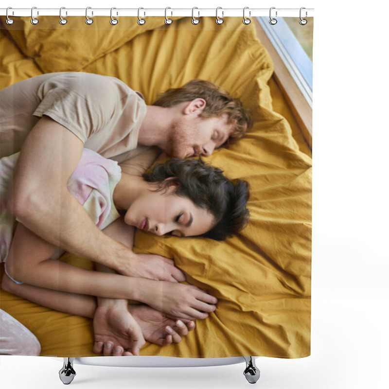 Personality  Top View Of Interracial Couple Sleeping Together On Cozy Yellow Bedding At Home, Morning Time Shower Curtains