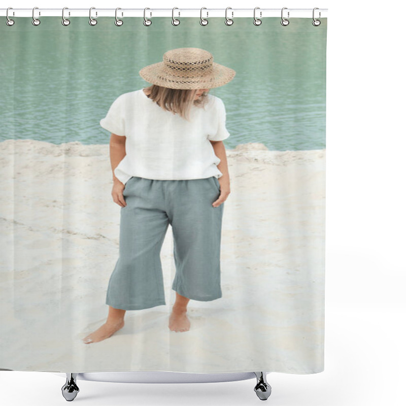 Personality  Stylish Girl In Linen Clothes And Straw Hat. Relaxing In Beach, Simple Slow Life Style Shower Curtains