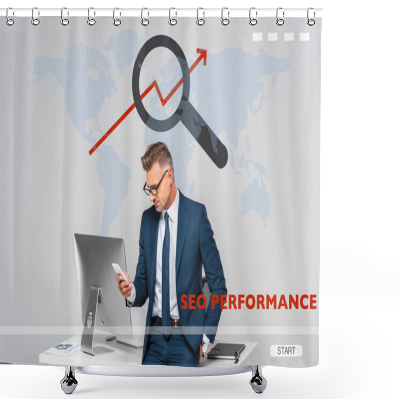 Personality  Handsome Businessman Leaning On Table And Using Smartphone Isolated On Grey With World Map And Seo Performance  Shower Curtains