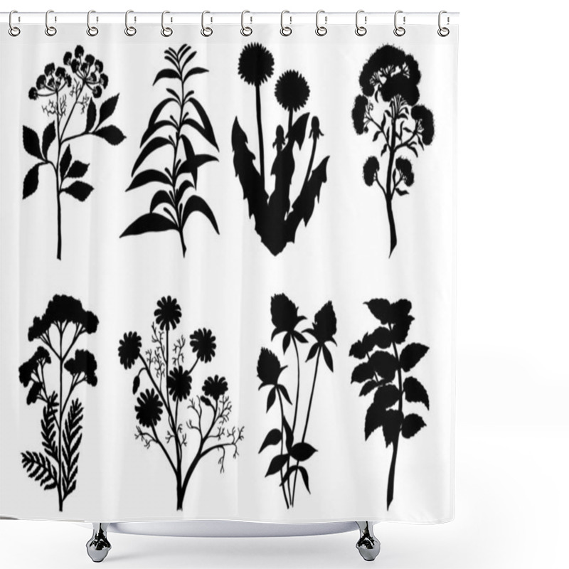 Personality  Set Of Silhouette By Herbs And Flowers, Hand Drawn Sketch. Medicinal And Tea Herbs Silhouettes. Black Silhouettes Of Meadow Wild Herbs. Vector Illustration. Shower Curtains