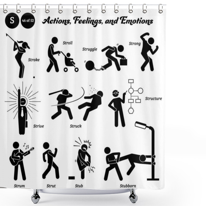 Personality  Stick Figure Human People Man Action, Feelings, And Emotions Icons Alphabet S. Stroke, Stroll, Struggle, Strong, Strive, Struct, Structure, Strum, Strut, Stub, And Stubborn.  Shower Curtains