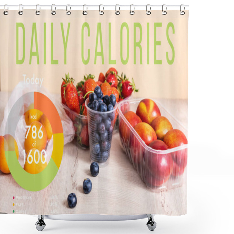 Personality  Blueberries, Strawberries, Nectarines And Peaches In Plastic Containers On Wooden Surface Near Daily Calories Lettering On Beige Shower Curtains