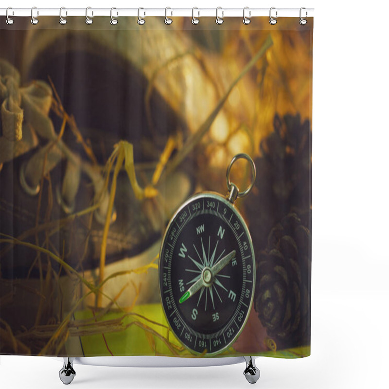 Personality  Compass And Paper Maps With Sneakers And Pine Flowers Placed On Dry Wheat Straw In Morning Sunlight. Concept Of Adventure Tourism Or Survival In The Forest. Shower Curtains