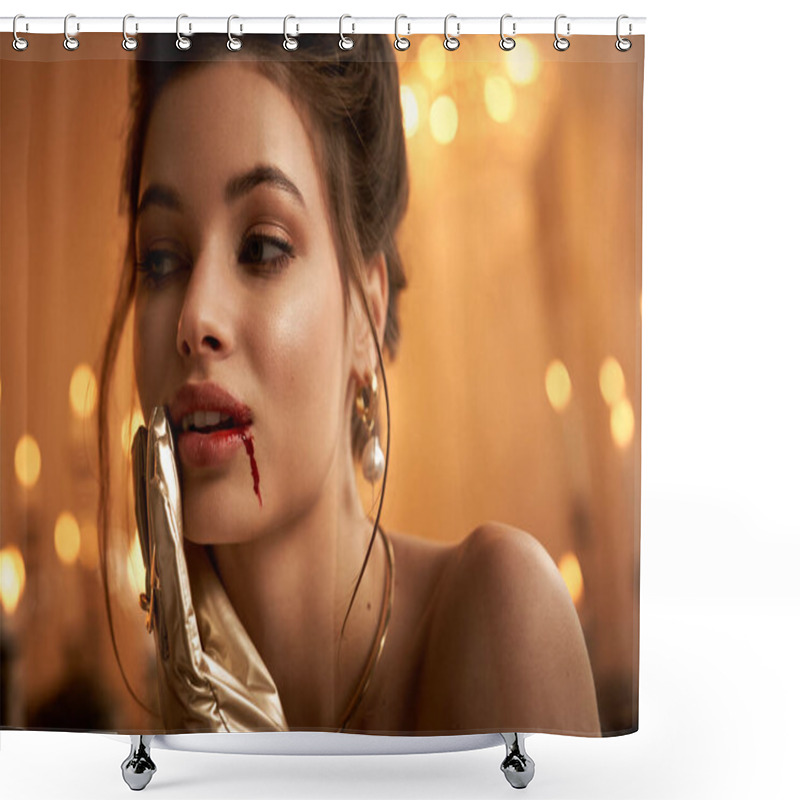 Personality  A Young Woman Exudes Charm And Allure, Embodying A Mystical Vampire Persona At Twilight. Shower Curtains