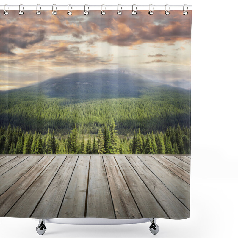 Personality  Wooden Deck Overlooking Scenic View Of Mountains Shower Curtains