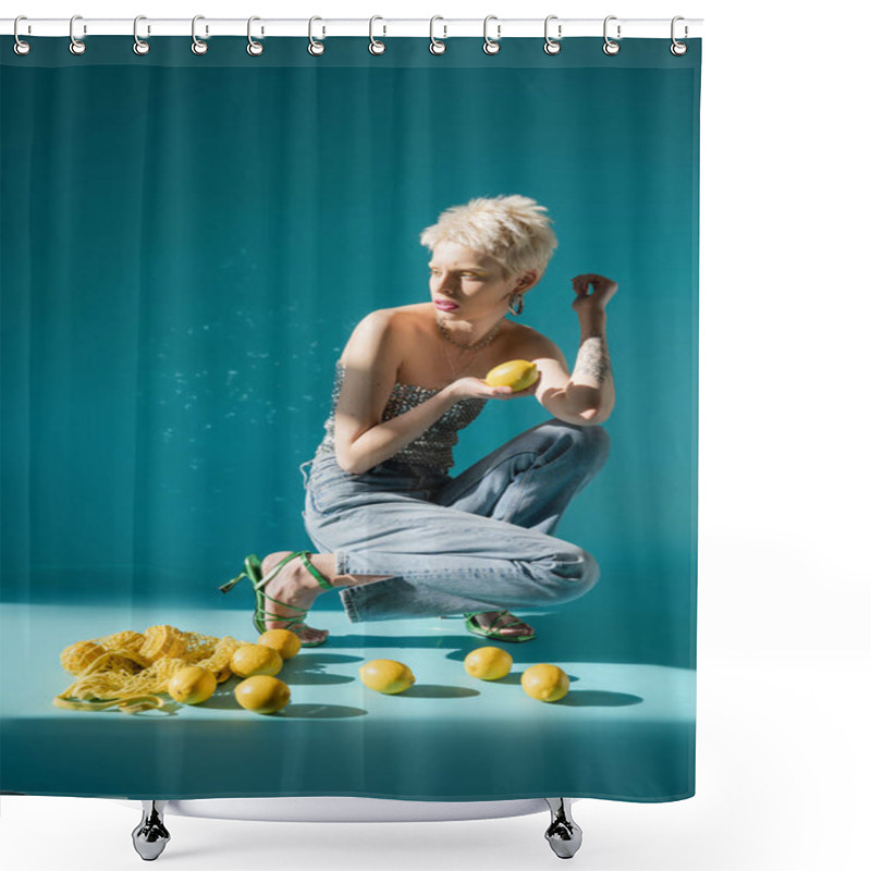 Personality  Full Length View Of Albino Woman In Top With Sequins And Denim Jeans Posing Near Fresh Lemons On Blue  Shower Curtains