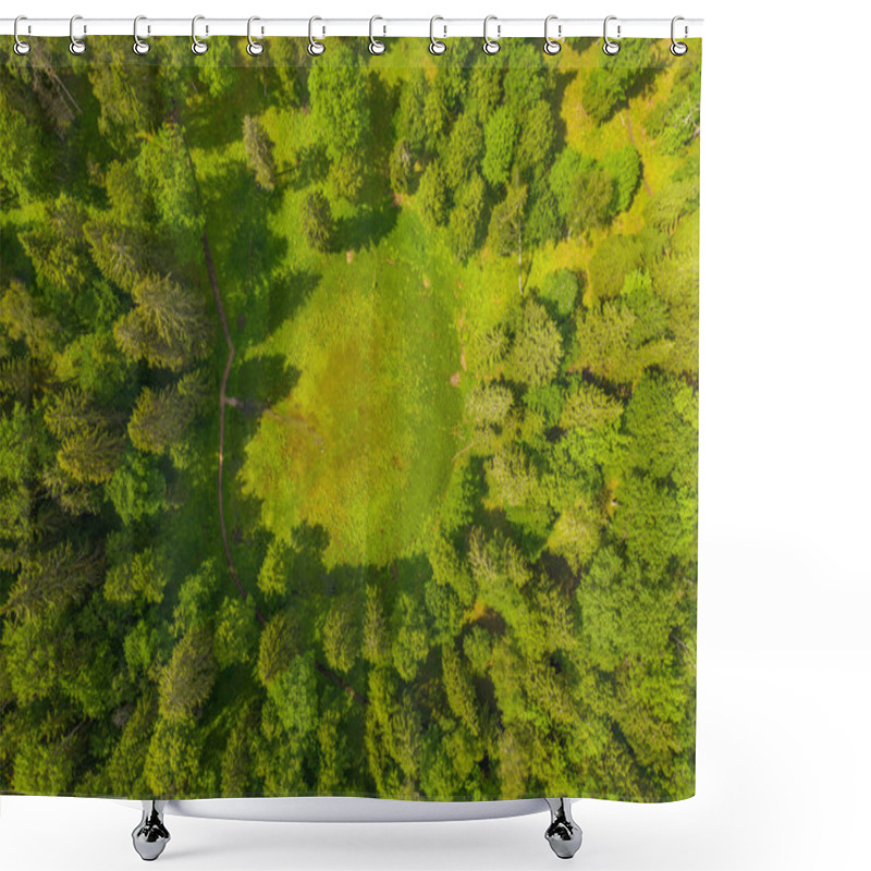 Personality  Drone Photography Of Big Old Sinkhole In The Middle Of Forest During Summer Day Shower Curtains