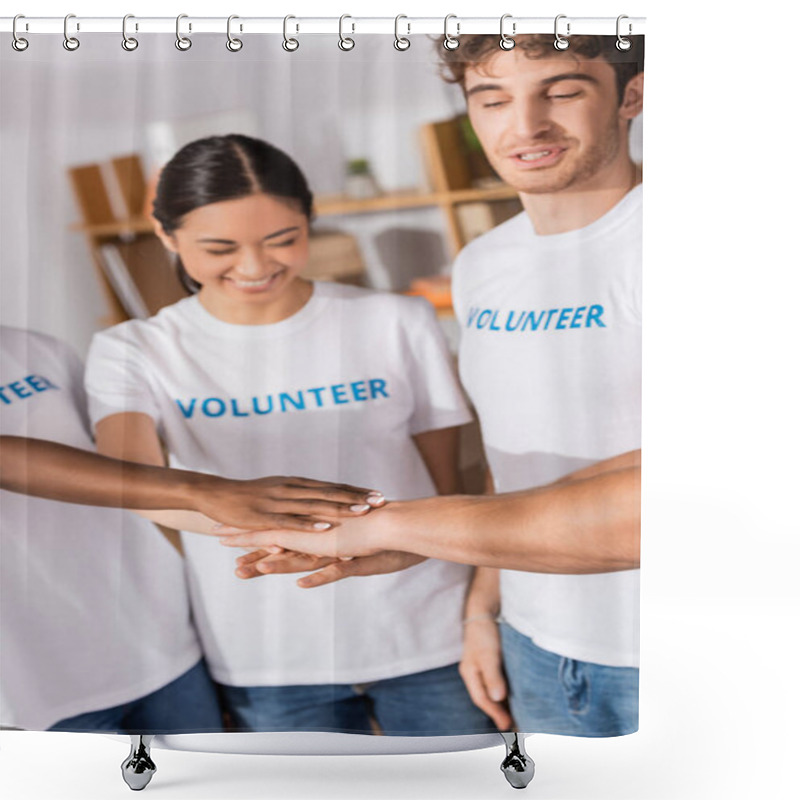 Personality  Selective Focus Of Multiethnic Volunteers Holding Hands In Charity Center  Shower Curtains