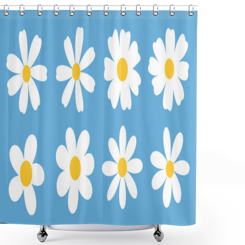 Personality  A Cheerful Pattern Of White Daisy Illustrations With Golden Centers, Scattered Across A Soothing Blue Background, Invoking A Sense Of Spring. Shower Curtains