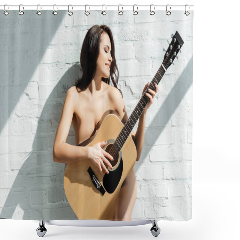 Personality  Beautiful Naked Woman Smiling While Playing Acoustic Guitar Near White Brick Wall At Home  Shower Curtains