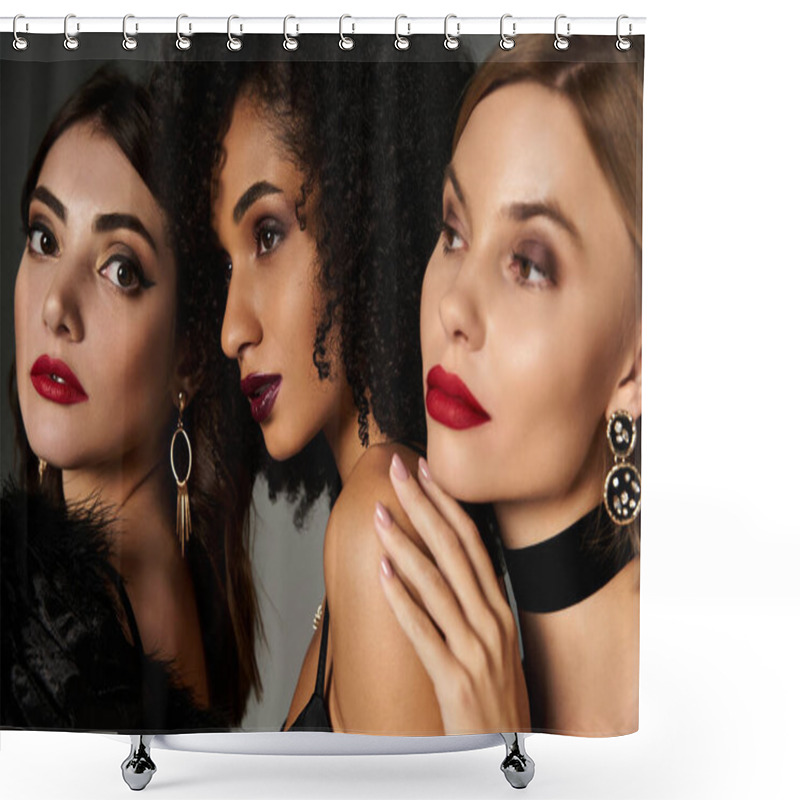 Personality  Three Stunning Women, Diverse In Culture, Strike Poses In Elegant Black Attire And Striking Red Lipstick Against A Grey Backdrop. Shower Curtains