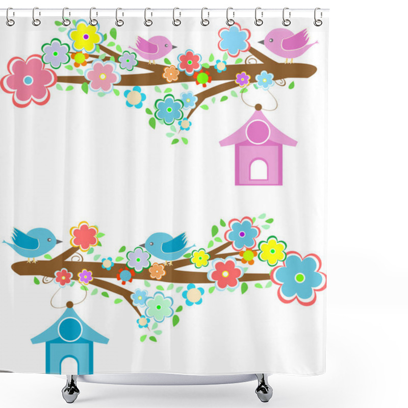 Personality  Cards With Couples Of Birds Sitting On Branches And Birdhouses Shower Curtains