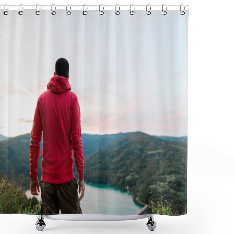 Personality  Young Man Enjoying The View Of The Lake In Sunset Shower Curtains