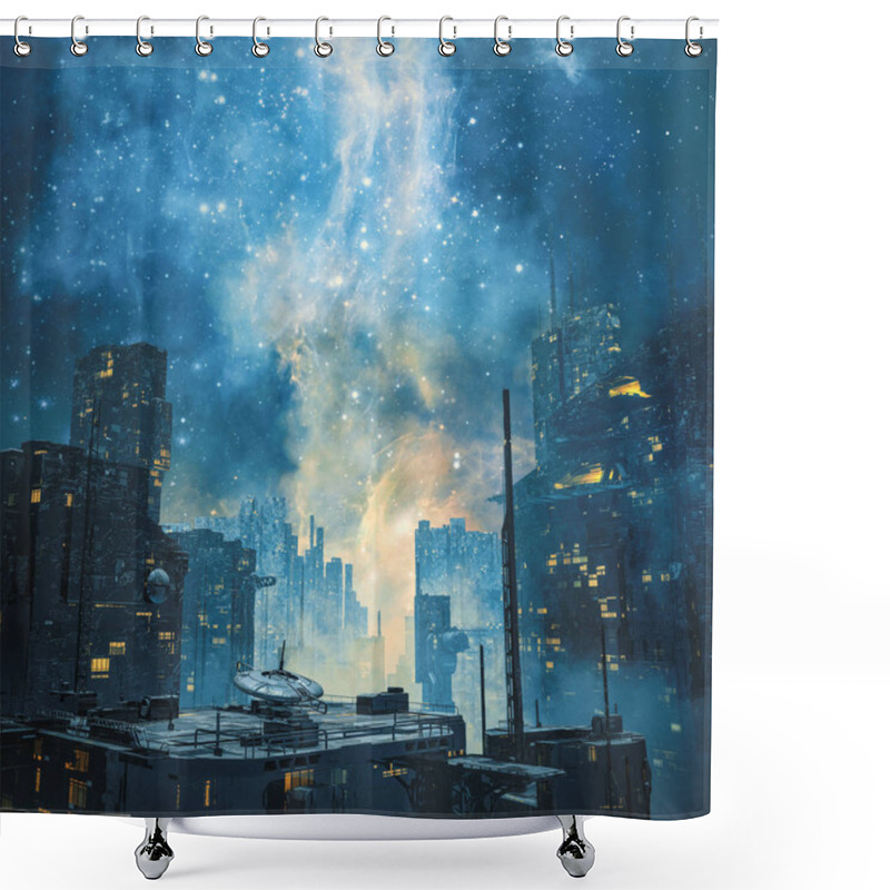 Personality  Galactic Space Colony By Night / 3D Illustration Of Dark Futuristic Science Fiction City Under A Glowing Galaxy In The Sky Shower Curtains