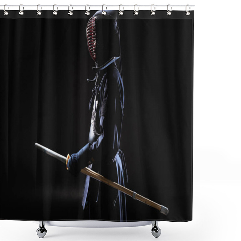 Personality  Side View Of Kendo Fighter In Traditional Helmet Holding Bamboo Sword On Black Shower Curtains