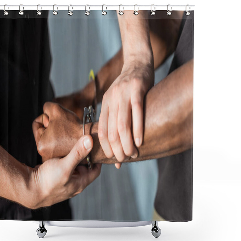 Personality  Cropped View Of Policeman Touching Hand Of Handcuffed African American Man  Shower Curtains