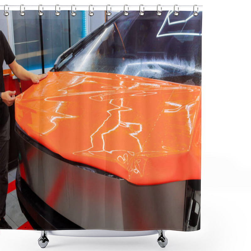 Personality  Worker Applies Bright Orange Vinyl Wrap To Car Hood At Customization Workshop In Car Service Shower Curtains