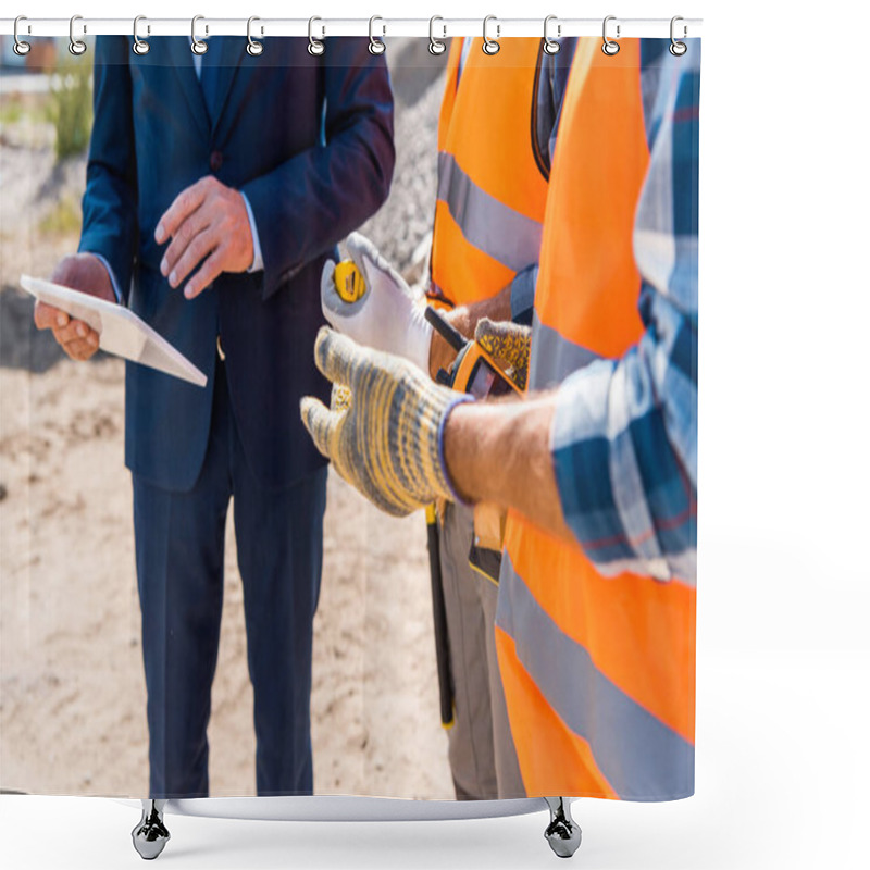 Personality  Cropped View Of Constructor Holding Walkie Talkie Near Coworker And Businessman With Digital Tablet  Shower Curtains