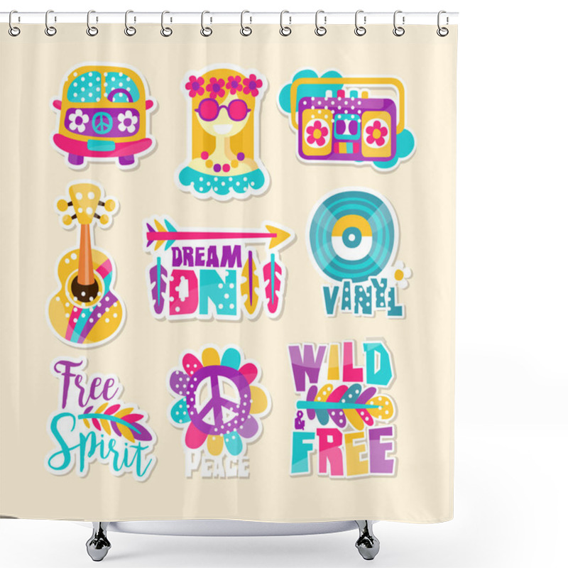 Personality  Set Of Nine Bright Hippy-themed Logos Shower Curtains