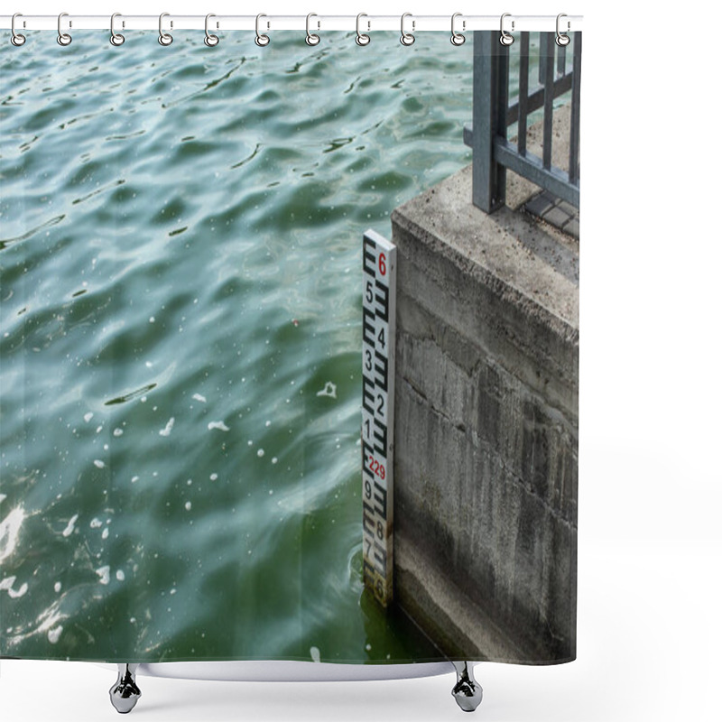 Personality  Water Level Indicator In Green Blue Water At Dam. Shower Curtains