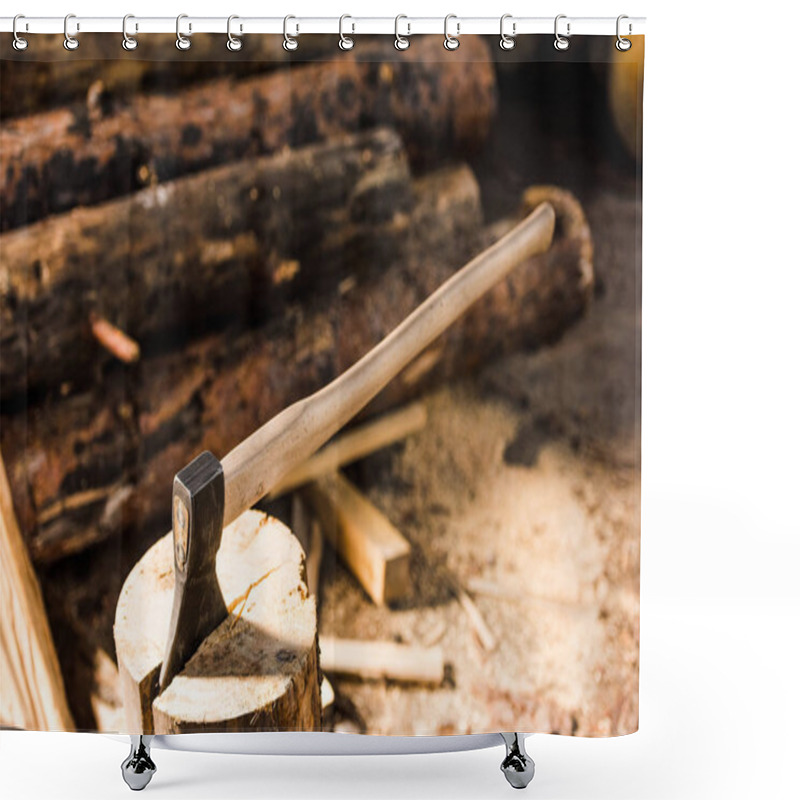 Personality  Close Up View Of Sticking Axe In Log At Sawmill  Shower Curtains