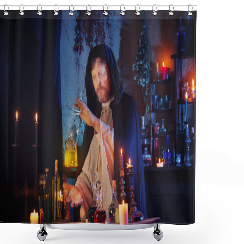 Personality  Portrait Of  Wizard With Burning Candles And Magic Potions Shower Curtains