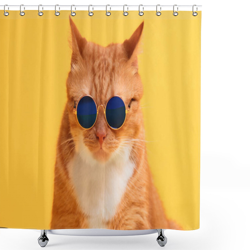 Personality  Portrait Of Cute Ginger Cat In Stylish Sunglasses On Yellow Background Shower Curtains