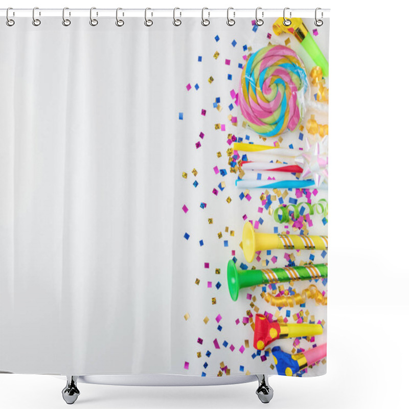 Personality  Colorful Celebration Background With Various Party Confetti, Streamers And Decoration. Minimal Party Concept. Flat Lay. Shower Curtains