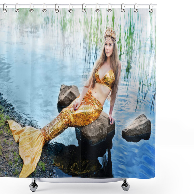 Personality  Fantasy Woman Real Mermaid Myth Goddess Of Sea With Golden Tail Sitting In Sunset On Rocks.. Gold Hair Crown Shells Pearls Jewelry. Mermaid Sitting On Shore. Fantasy Concept. Shower Curtains