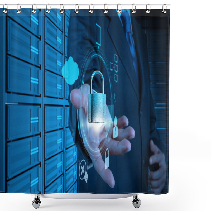 Personality  Businessman Hand Pointing To Padlock On Touch Screen Computer As Shower Curtains