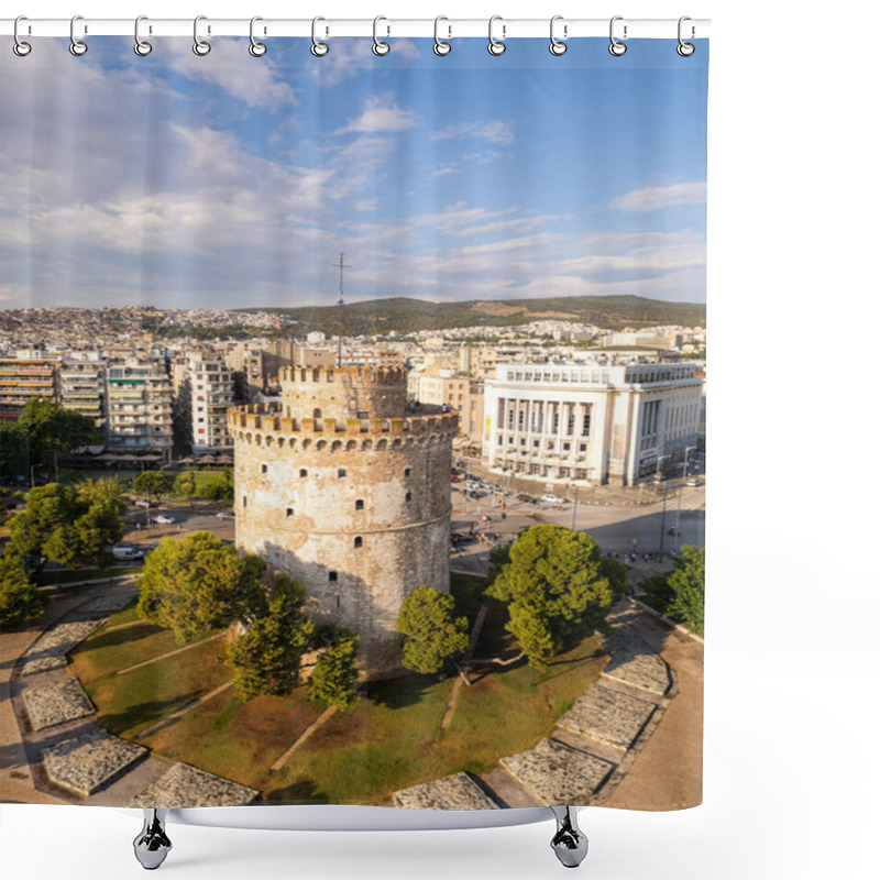 Personality  Aerial View Of The White Tower In Thessaloniki, Greece, Surrounded By Lush Greenery And The Vibrant Cityscape, Showcasing The Historical And Cultural Richness Of This Iconic Landmark. Shower Curtains