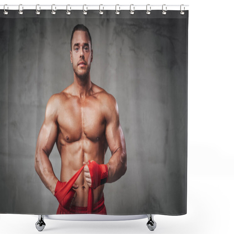 Personality  Serious Guy With Bandages Arms Posing In Studio Shower Curtains